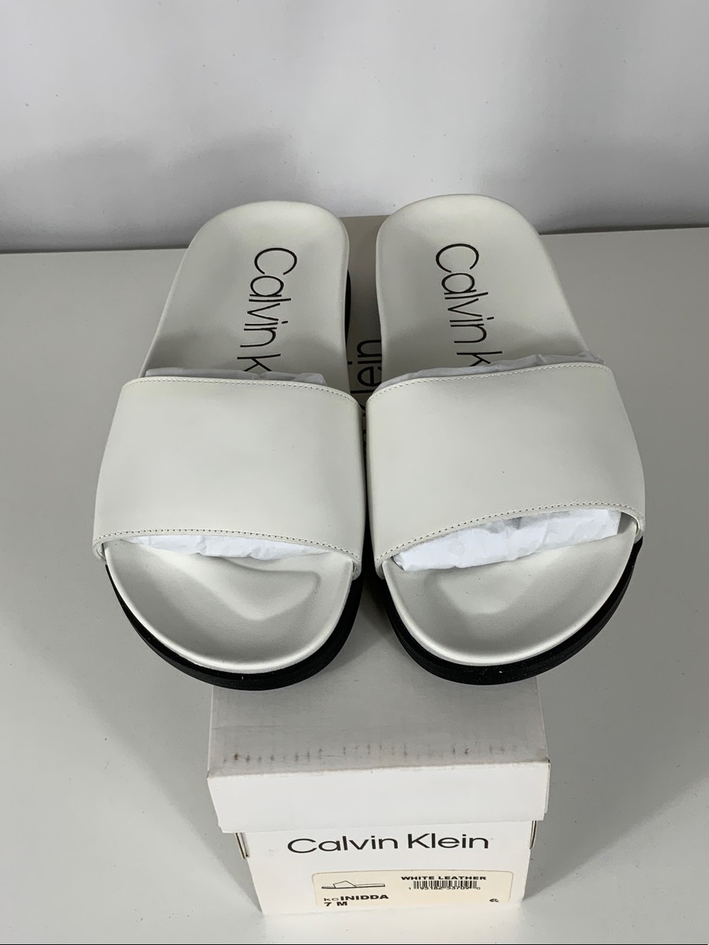 Calvin Klein White Slide Sandals with Black Soles